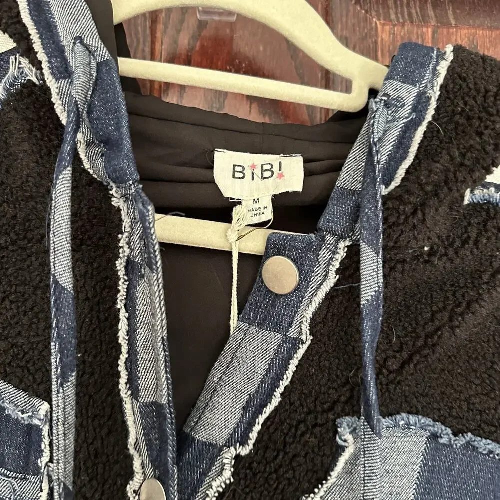 Bibi Jacket Checkered Denim and Sherpa Women's M Blue And Black - Picture 3 of 5